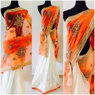 Orange cream kundan stone  pearl bridal Saree