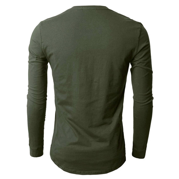 Fancyqube Men Fashion Button V-neck Long Sleeve T-shirt Army Green