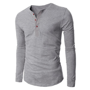 Fancyqube Men Fashion Button V-neck Long Sleeve T-shirt Grey