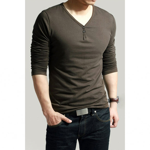 Jo.In Men's Stylish Comfort Lycra Deep V-Neck Long Sleeves T-Shirt Tunic Button Tops/Tees (Collee)