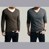 Jo.In Men's Stylish Comfort Lycra Deep V-Neck Long Sleeves T-Shirt Tunic Button Tops/Tees (Collee)