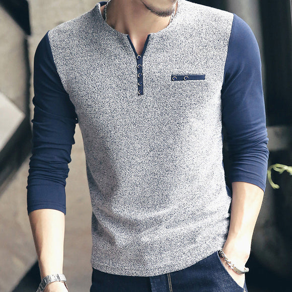 Men's Korean Full Sleeve V-neck Cotton Casual T-Shirts Blue